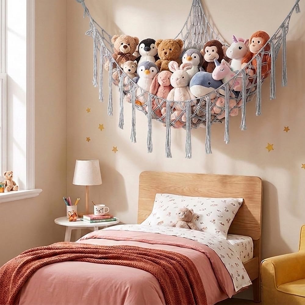 Stuffed Animal Storage Hammock Net Large Corner Net for Stuffed Animals Boho Hanging Plushie Organizer Holder for Home, Room, Wall, Bedroom Decor and Space Saver, Gray, 39" x 39" x 59"