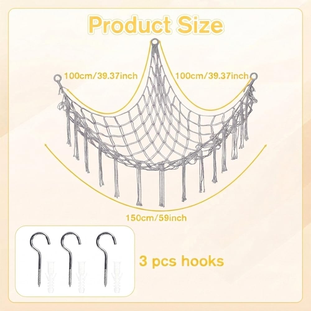 Stuffed Animal Storage Hammock Net Large Corner Net for Stuffed Animals Boho Hanging Plushie Organizer Holder for Home, Room, Wall, Bedroom Decor and Space Saver, Gray, 39" x 39" x 59"