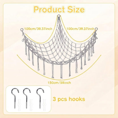 Stuffed Animal Storage Hammock Net Large Corner Net for Stuffed Animals Boho Hanging Plushie Organizer Holder for Home, Room, Wall, Bedroom Decor and Space Saver, Gray, 39" x 39" x 59"
