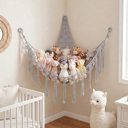 Stuffed Animal Storage Hammock Net Large Corner Net for Stuffed Animals Boho Hanging Plushie Organizer Holder for Home, Room, Wall, Bedroom Decor and Space Saver, Gray, 39" x 39" x 59"