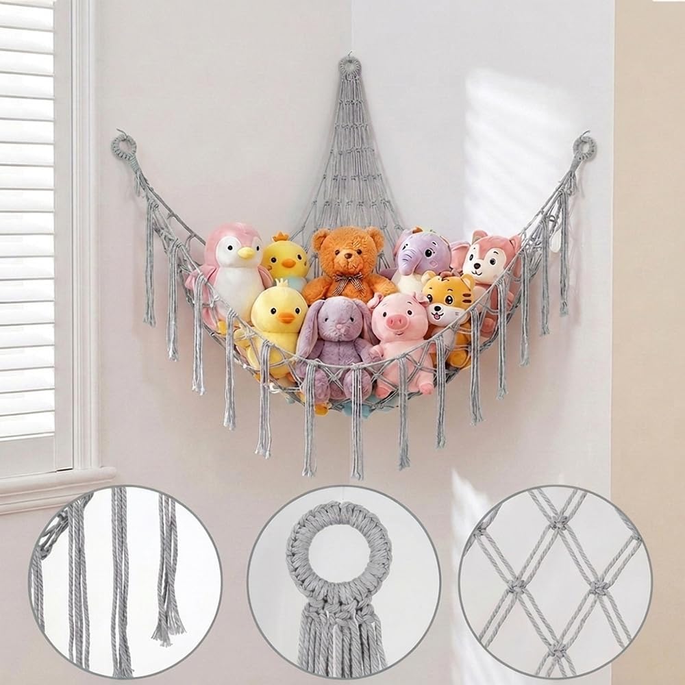 Stuffed Animal Storage Hammock Net Large Corner Net for Stuffed Animals Boho Hanging Plushie Organizer Holder for Home, Room, Wall, Bedroom Decor and Space Saver, Gray, 39" x 39" x 59"