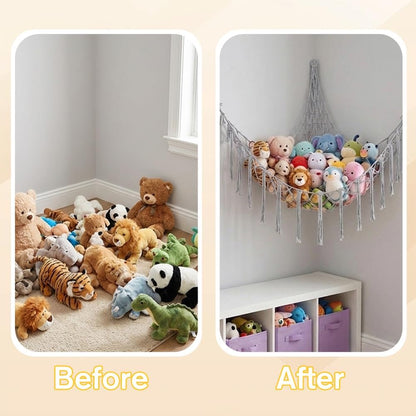 Stuffed Animal Storage Hammock Net Large Corner Net for Stuffed Animals Boho Hanging Plushie Organizer Holder for Home, Room, Wall, Bedroom Decor and Space Saver, Gray, 39" x 39" x 59"