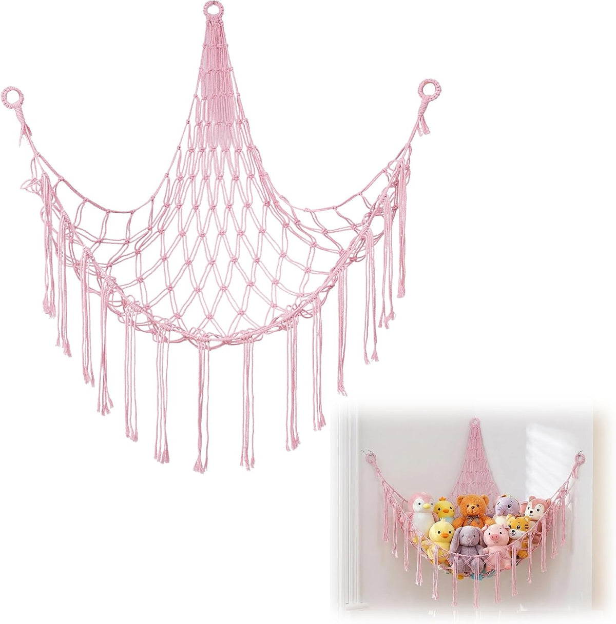 Stuffed Animal Storage Hammock Net Large Corner Net for Stuffed Animals Boho Hanging Plushie Organizer Holder for Home, Room, Wall, Bedroom Decor and Space Saver, Gray, 39" x 39" x 59"
