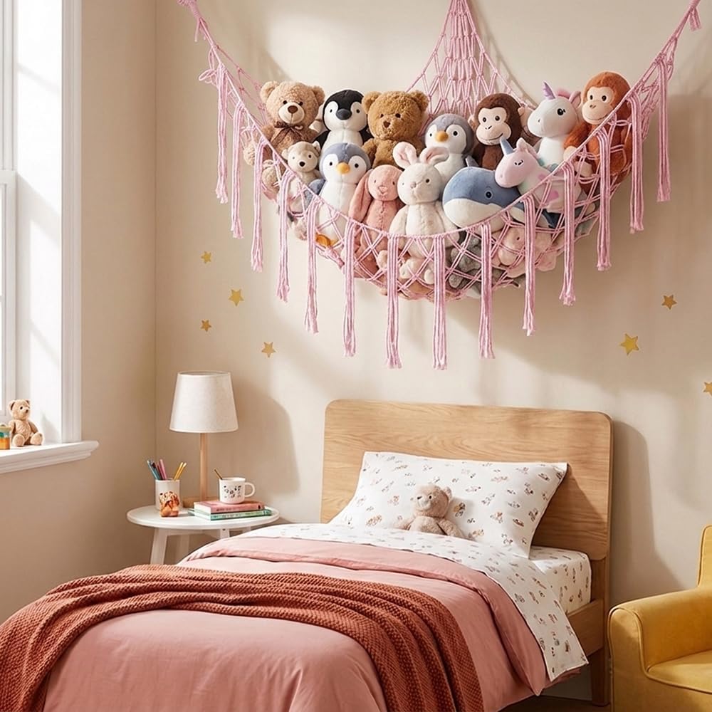 Stuffed Animal Storage Hammock Net Large Corner Net for Stuffed Animals Boho Hanging Plushie Organizer Holder for Home, Room, Wall, Bedroom Decor and Space Saver, Gray, 39" x 39" x 59"