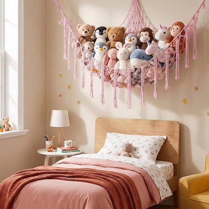 Stuffed Animal Storage Hammock Net Large Corner Net for Stuffed Animals Boho Hanging Plushie Organizer Holder for Home, Room, Wall, Bedroom Decor and Space Saver, Gray, 39" x 39" x 59"