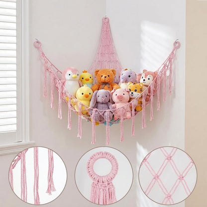 Stuffed Animal Storage Hammock Net Large Corner Net for Stuffed Animals Boho Hanging Plushie Organizer Holder for Home, Room, Wall, Bedroom Decor and Space Saver, Gray, 39" x 39" x 59"