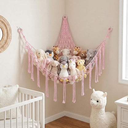 Stuffed Animal Storage Hammock Net Large Corner Net for Stuffed Animals Boho Hanging Plushie Organizer Holder for Home, Room, Wall, Bedroom Decor and Space Saver, Gray, 39" x 39" x 59"