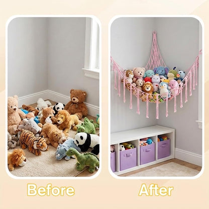 Stuffed Animal Storage Hammock Net Large Corner Net for Stuffed Animals Boho Hanging Plushie Organizer Holder for Home, Room, Wall, Bedroom Decor and Space Saver, Gray, 39" x 39" x 59"