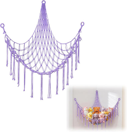 Stuffed Animal Storage Hammock Net Large Corner Net for Stuffed Animals Boho Hanging Plushie Organizer Holder for Home, Room, Wall, Bedroom Decor and Space Saver, Gray, 39" x 39" x 59"