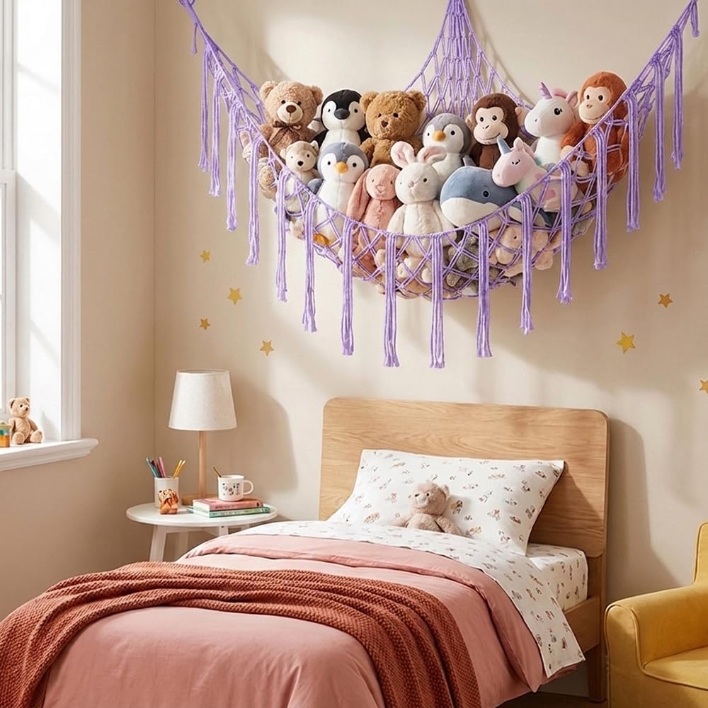 Stuffed Animal Storage Hammock Net Large Corner Net for Stuffed Animals Boho Hanging Plushie Organizer Holder for Home, Room, Wall, Bedroom Decor and Space Saver, Gray, 39" x 39" x 59"