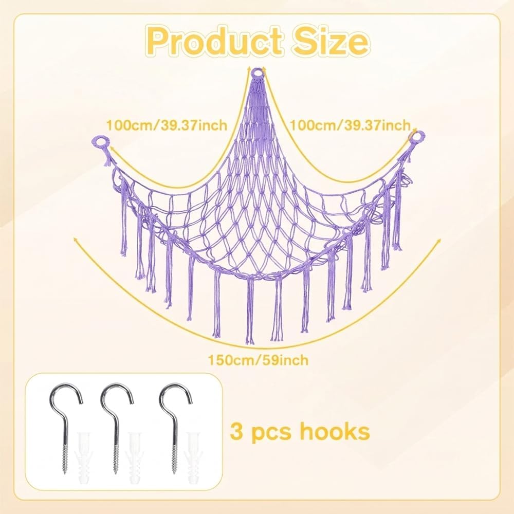 Stuffed Animal Storage Hammock Net Large Corner Net for Stuffed Animals Boho Hanging Plushie Organizer Holder for Home, Room, Wall, Bedroom Decor and Space Saver, Gray, 39" x 39" x 59"