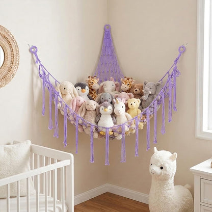 Stuffed Animal Storage Hammock Net Large Corner Net for Stuffed Animals Boho Hanging Plushie Organizer Holder for Home, Room, Wall, Bedroom Decor and Space Saver, Gray, 39" x 39" x 59"