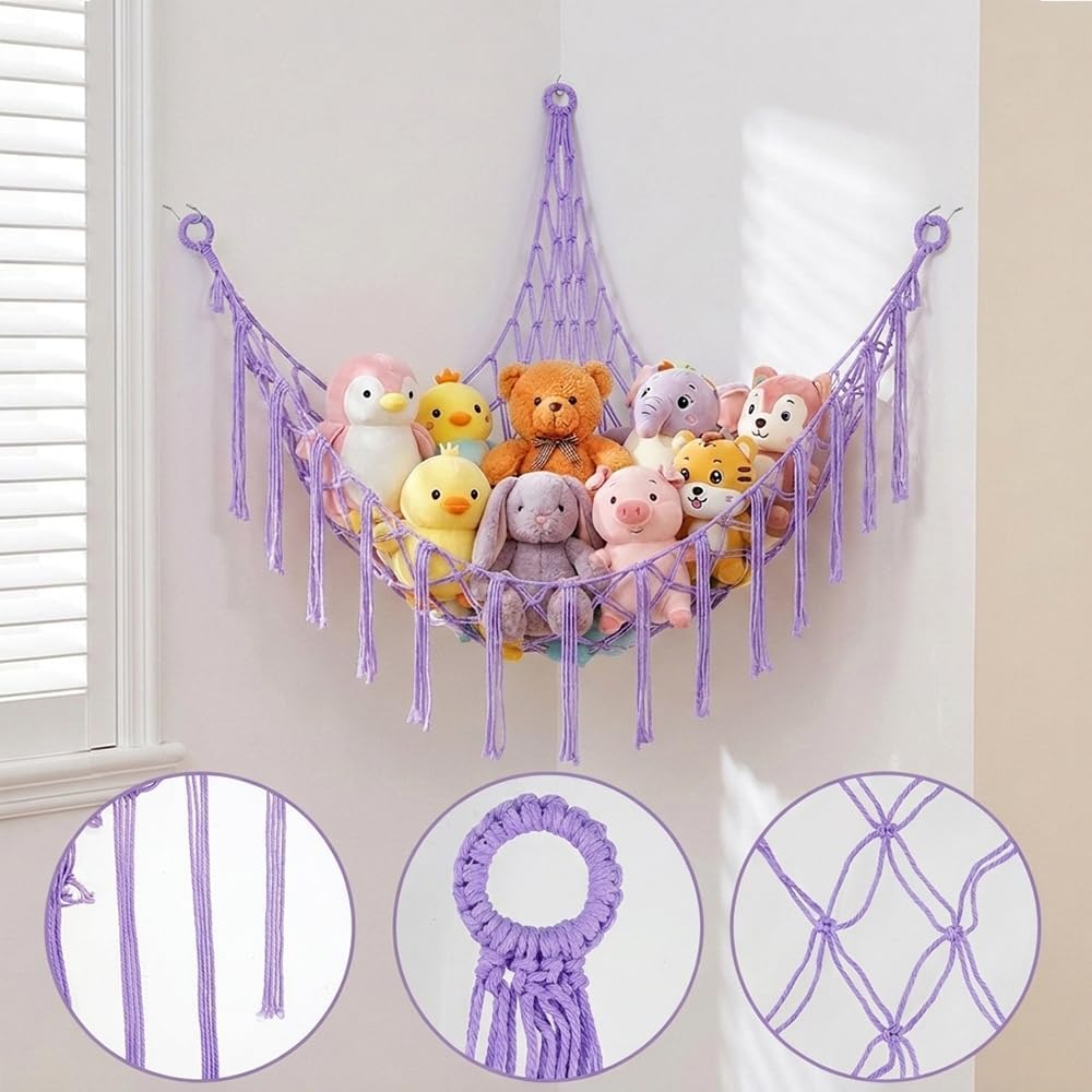 Stuffed Animal Storage Hammock Net Large Corner Net for Stuffed Animals Boho Hanging Plushie Organizer Holder for Home, Room, Wall, Bedroom Decor and Space Saver, Gray, 39" x 39" x 59"