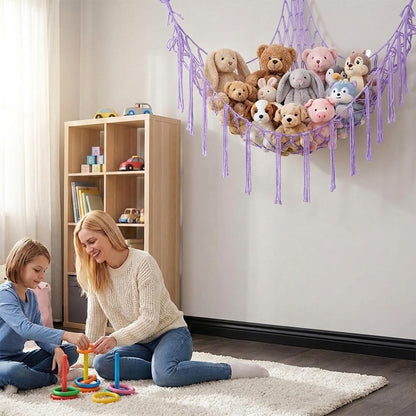 Stuffed Animal Storage Hammock Net Large Corner Net for Stuffed Animals Boho Hanging Plushie Organizer Holder for Home, Room, Wall, Bedroom Decor and Space Saver, Gray, 39" x 39" x 59"