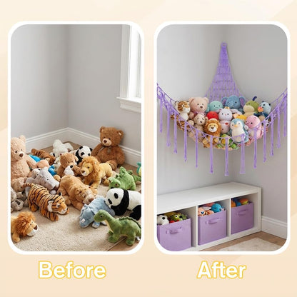 Stuffed Animal Storage Hammock Net Large Corner Net for Stuffed Animals Boho Hanging Plushie Organizer Holder for Home, Room, Wall, Bedroom Decor and Space Saver, Gray, 39" x 39" x 59"