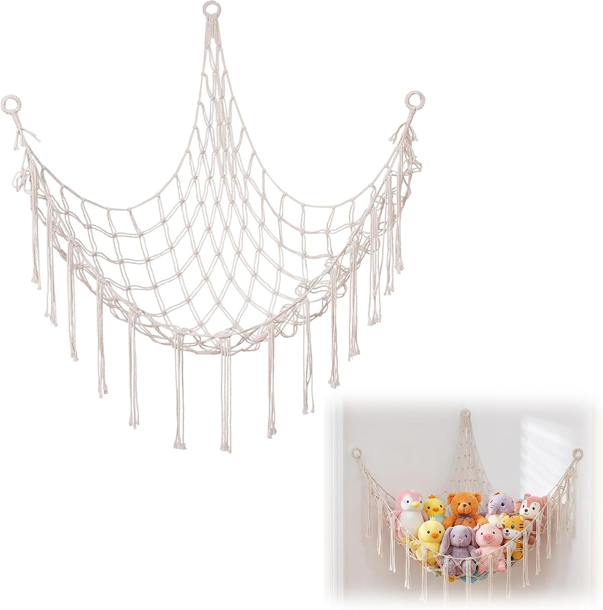 Stuffed Animal Storage Hammock Net Large Corner Net for Stuffed Animals Boho Hanging Plushie Organizer Holder for Home, Room, Wall, Bedroom Decor and Space Saver, Gray, 39" x 39" x 59"