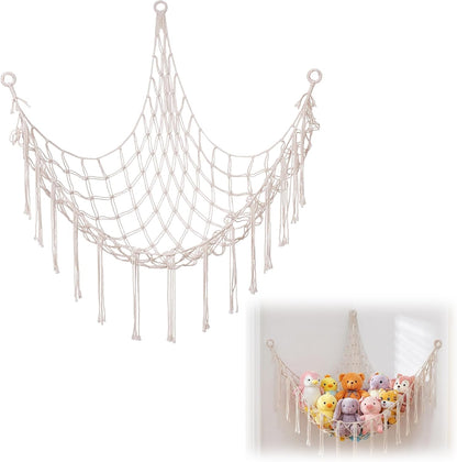 Stuffed Animal Storage Hammock Net Large Corner Net for Stuffed Animals Boho Hanging Plushie Organizer Holder for Home, Room, Wall, Bedroom Decor and Space Saver, Gray, 39" x 39" x 59"