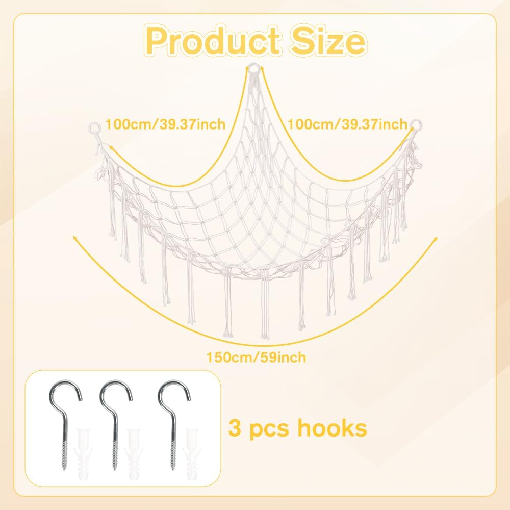Stuffed Animal Storage Hammock Net Large Corner Net for Stuffed Animals Boho Hanging Plushie Organizer Holder for Home, Room, Wall, Bedroom Decor and Space Saver, Gray, 39" x 39" x 59"