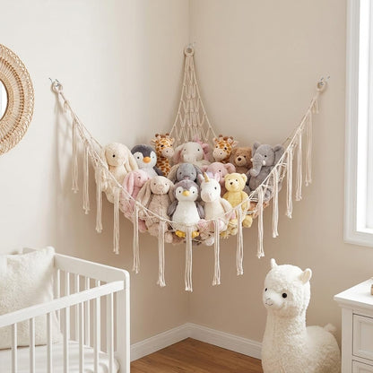 Stuffed Animal Storage Hammock Net Large Corner Net for Stuffed Animals Boho Hanging Plushie Organizer Holder for Home, Room, Wall, Bedroom Decor and Space Saver, Gray, 39" x 39" x 59"