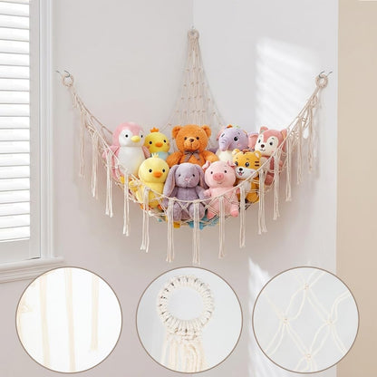 Stuffed Animal Storage Hammock Net Large Corner Net for Stuffed Animals Boho Hanging Plushie Organizer Holder for Home, Room, Wall, Bedroom Decor and Space Saver, Gray, 39" x 39" x 59"
