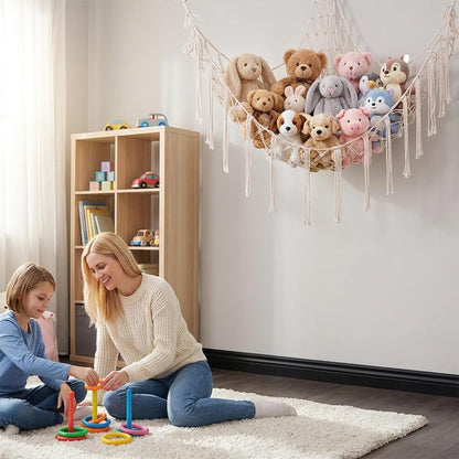 Stuffed Animal Storage Hammock Net Large Corner Net for Stuffed Animals Boho Hanging Plushie Organizer Holder for Home, Room, Wall, Bedroom Decor and Space Saver, Gray, 39" x 39" x 59"