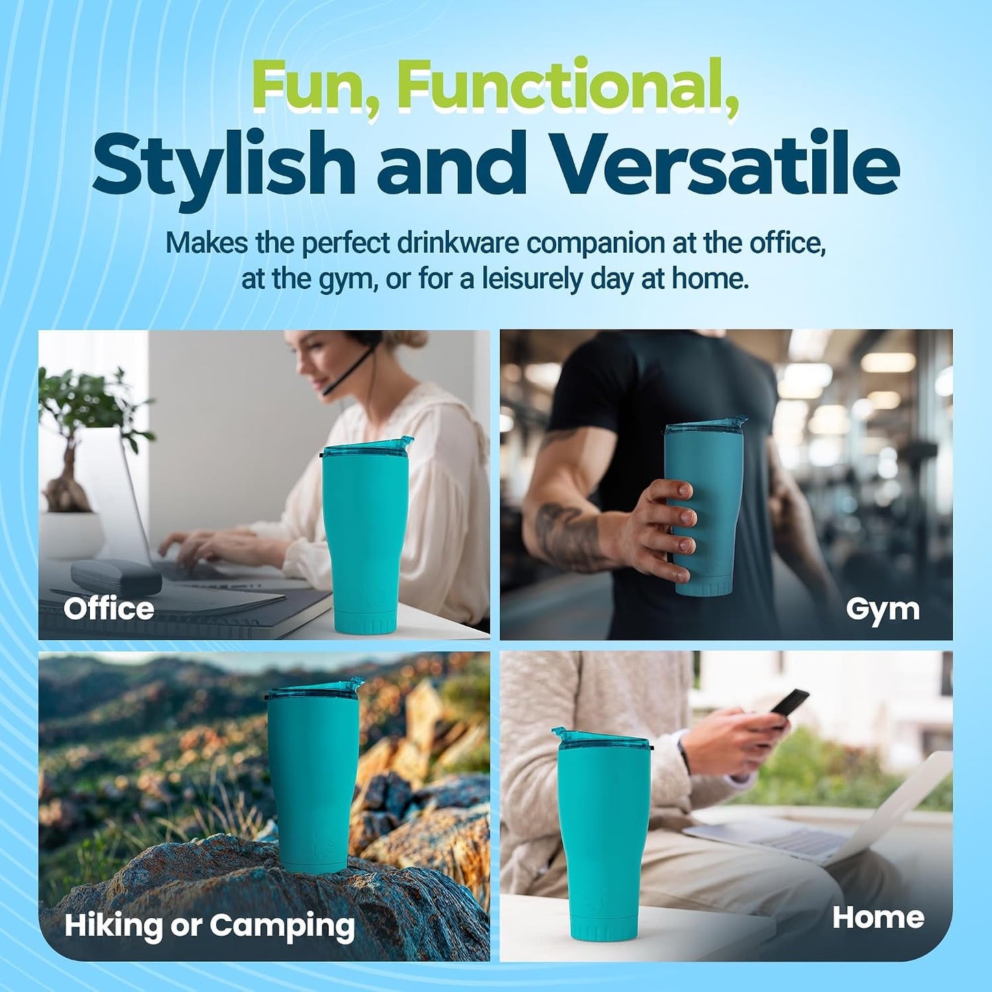 Double Walled Vacuum Insulated Stainless Steel Tumbler With Flip Top Lid Keeps Hot and Cold, Travel Coffee Mug Leakproof Lid, 30 Ounces, Matte Teal Blue