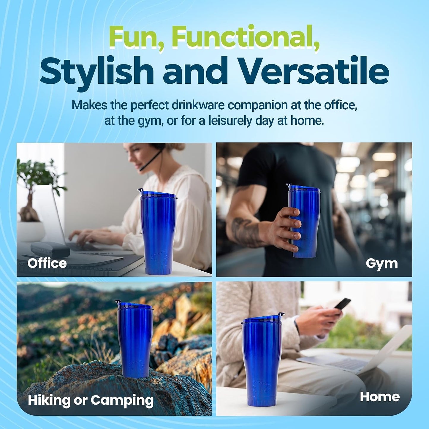 Double Walled Vacuum Insulated Stainless Steel Tumbler With Flip Top Lid Keeps Hot and Cold, Travel Coffee Mug Leakproof Lid, 30 Ounces, Matte Teal Blue