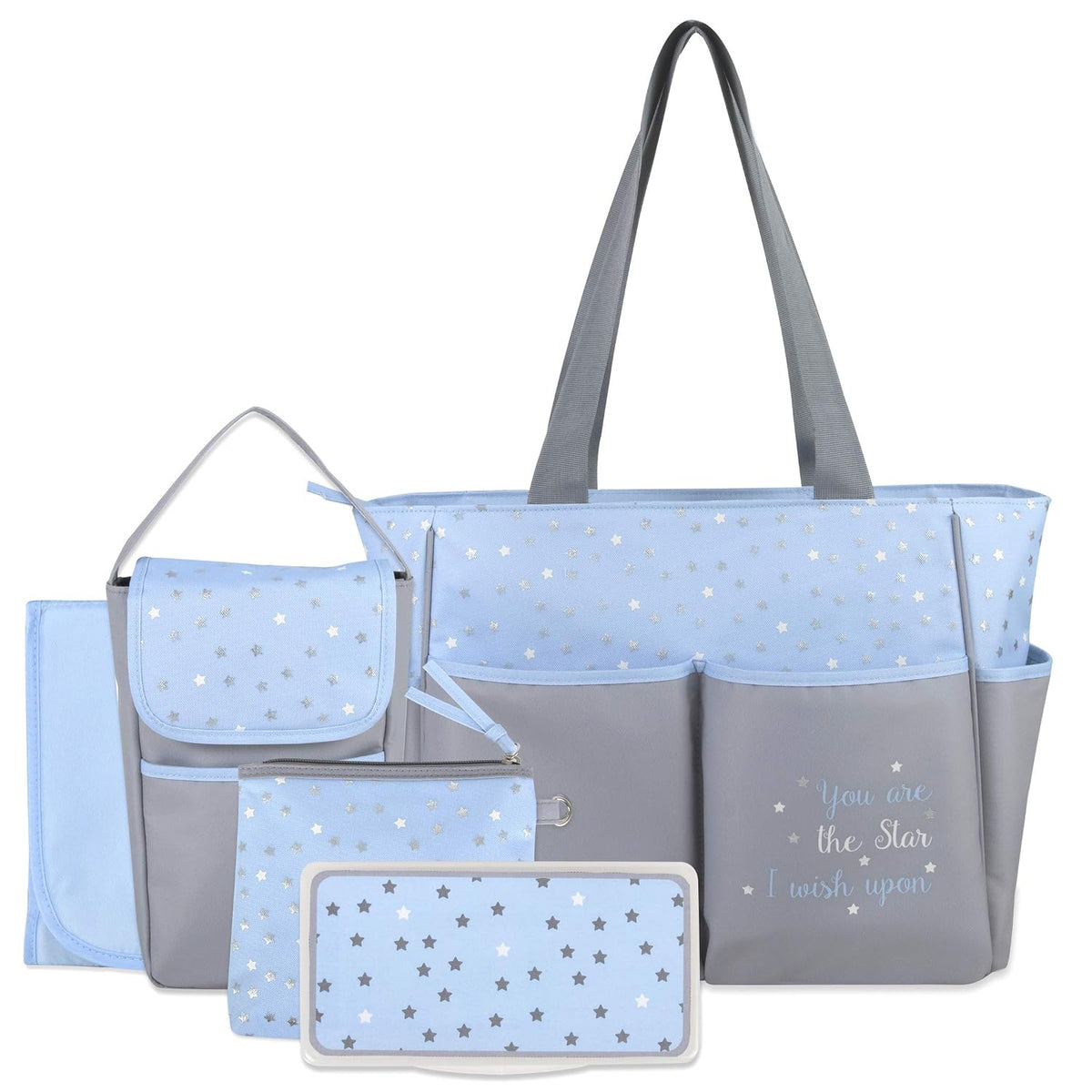 Baby Essentials Diaper Bag Tote 5 Piece Set with Sun, Moon, and Stars, Wipes Pocket, Dirty Diaper Pouch, Changing Pad (Grey/Aqua)