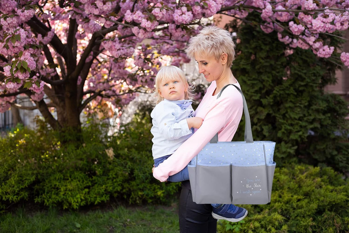 Baby Essentials Diaper Bag Tote 5 Piece Set with Sun, Moon, and Stars, Wipes Pocket, Dirty Diaper Pouch, Changing Pad (Grey/Aqua)