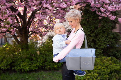 Baby Essentials Diaper Bag Tote 5 Piece Set with Sun, Moon, and Stars, Wipes Pocket, Dirty Diaper Pouch, Changing Pad (Grey/Aqua)