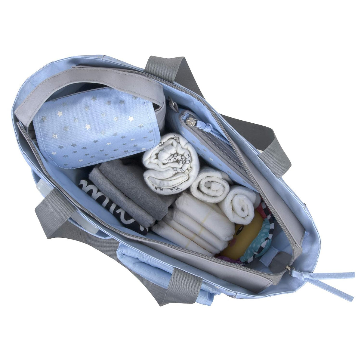 Baby Essentials Diaper Bag Tote 5 Piece Set with Sun, Moon, and Stars, Wipes Pocket, Dirty Diaper Pouch, Changing Pad (Grey/Aqua)