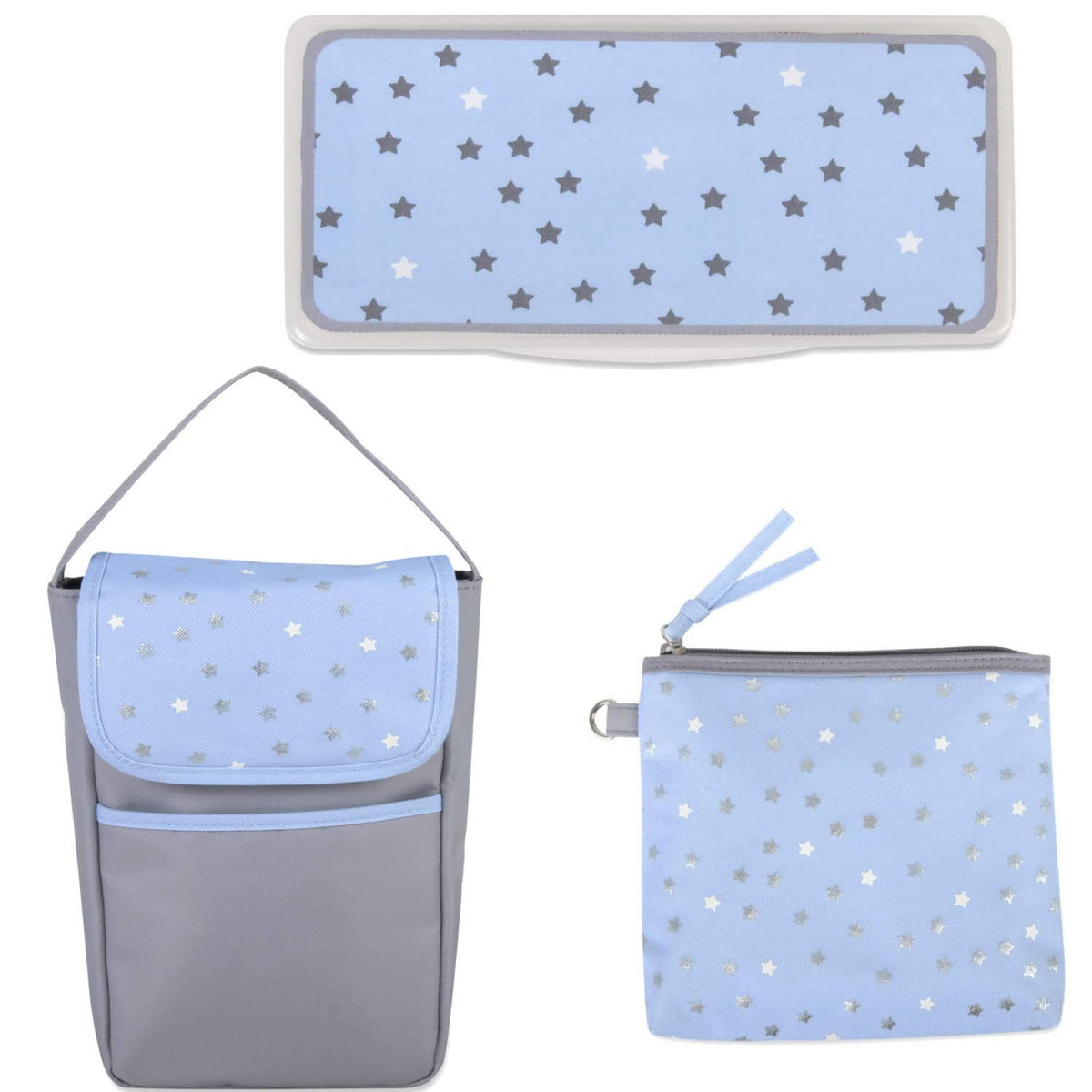 Baby Essentials Diaper Bag Tote 5 Piece Set with Sun, Moon, and Stars, Wipes Pocket, Dirty Diaper Pouch, Changing Pad (Grey/Aqua)