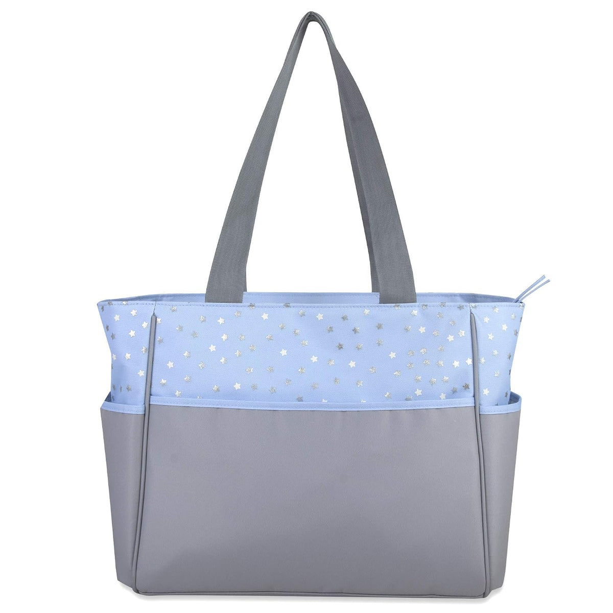 Baby Essentials Diaper Bag Tote 5 Piece Set with Sun, Moon, and Stars, Wipes Pocket, Dirty Diaper Pouch, Changing Pad (Grey/Aqua)