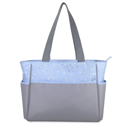Baby Essentials Diaper Bag Tote 5 Piece Set with Sun, Moon, and Stars, Wipes Pocket, Dirty Diaper Pouch, Changing Pad (Grey/Aqua)