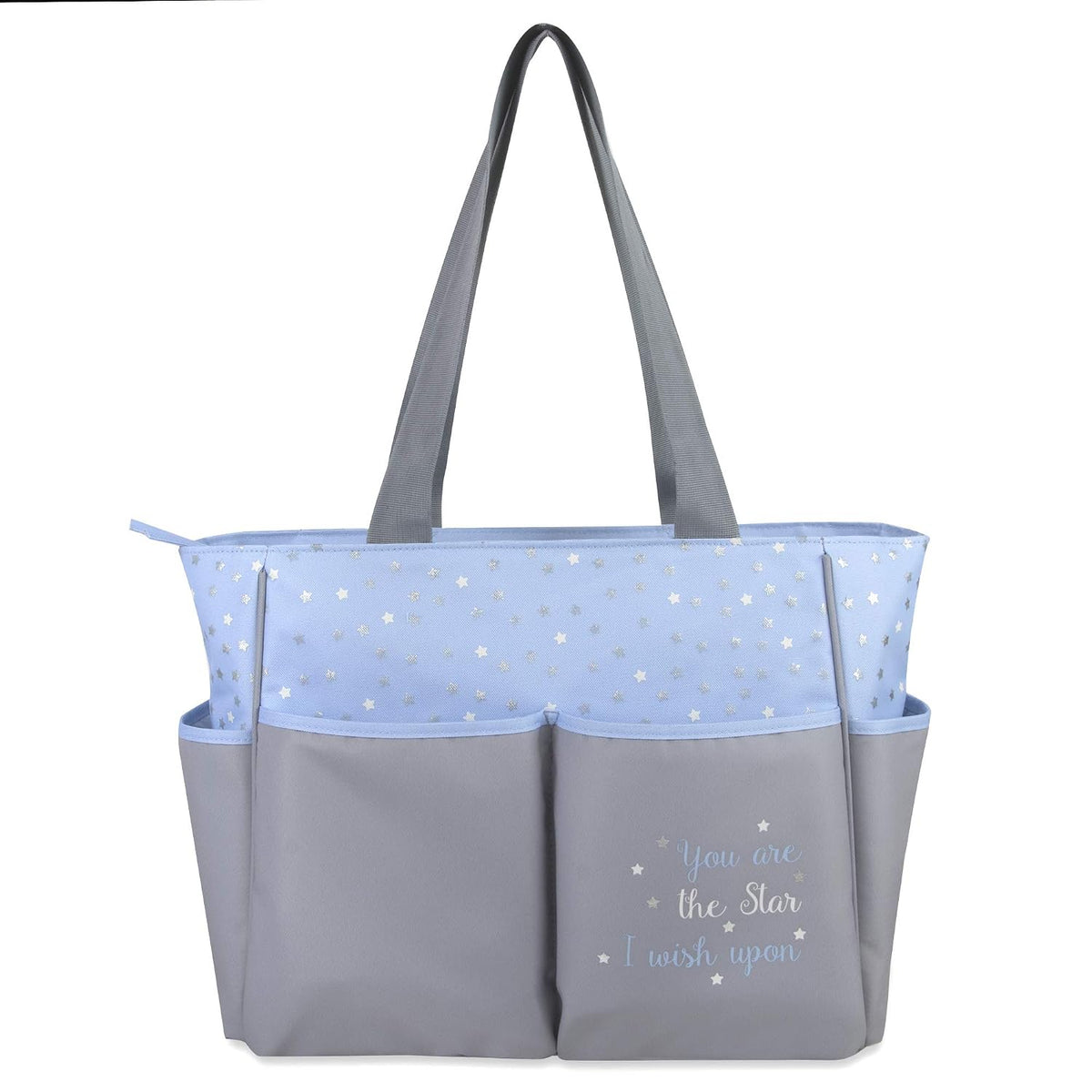 Baby Essentials Diaper Bag Tote 5 Piece Set with Sun, Moon, and Stars, Wipes Pocket, Dirty Diaper Pouch, Changing Pad (Grey/Aqua)