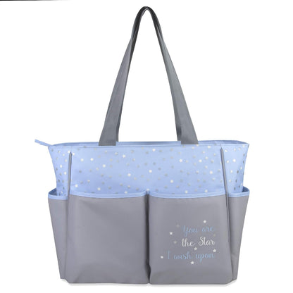 Baby Essentials Diaper Bag Tote 5 Piece Set with Sun, Moon, and Stars, Wipes Pocket, Dirty Diaper Pouch, Changing Pad (Grey/Aqua)