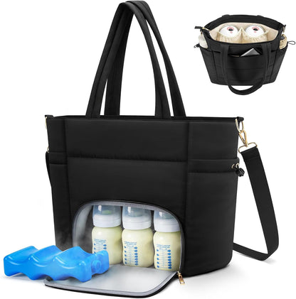 Wearable Breast Pump Bag for Working Moms – Insulated Breastmilk Cooler Tote with Laptop Sleeve & Ice Pack, Breast Pump Bag for Momcozy M5/M6/S12 for eufy Pump, Travel Nursing Baby Bottle Cooler Bag