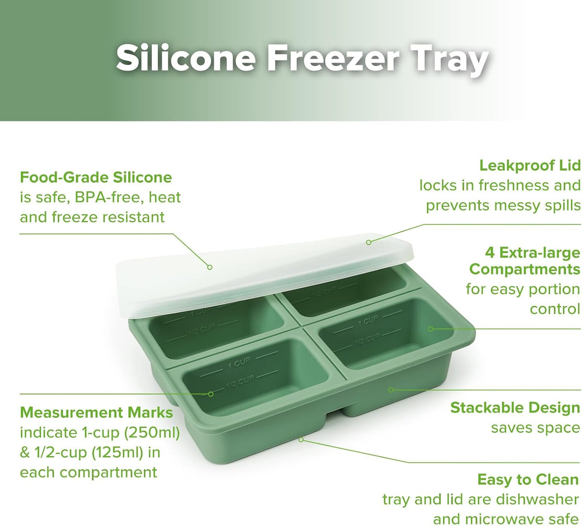 Sturdy Silicone Freezer Tray with Lid – Soup & Meal Prep Tray, 1 Cup Portion Cubes for Food Storage, Leak-Proof BPA-Free Mold, Easy Release