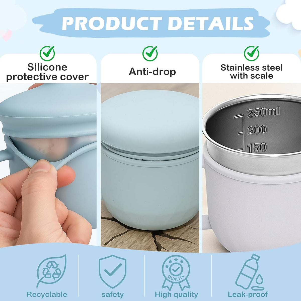 2 Pack Stainless Steel Toddler Snack Cups No Spill, 10oz BPA-Free Detachable Snack Cups with Silicone Lids, Reusable Multifunctional Snack Containers for Toddler and Baby