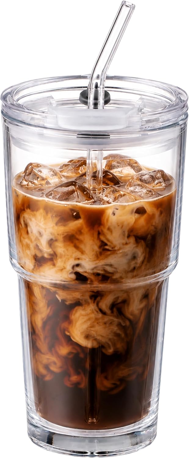 15oz Glass Iced Coffee Cup With Lid And Straw, Reusable Transparent Travel Water Cup, Suitable For Home, Office, And Outdoor Use