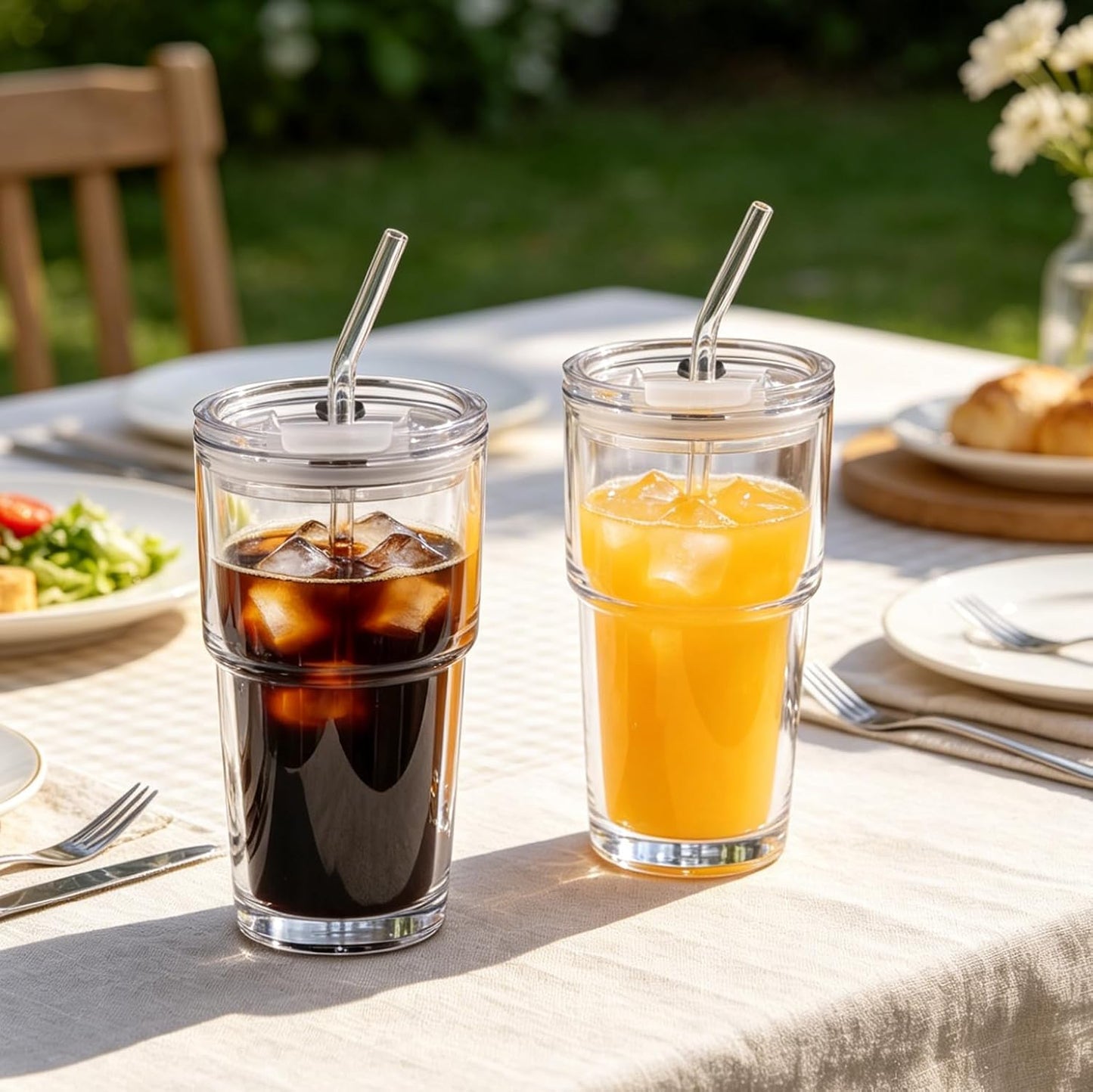15oz Glass Iced Coffee Cup With Lid And Straw, Reusable Transparent Travel Water Cup, Suitable For Home, Office, And Outdoor Use