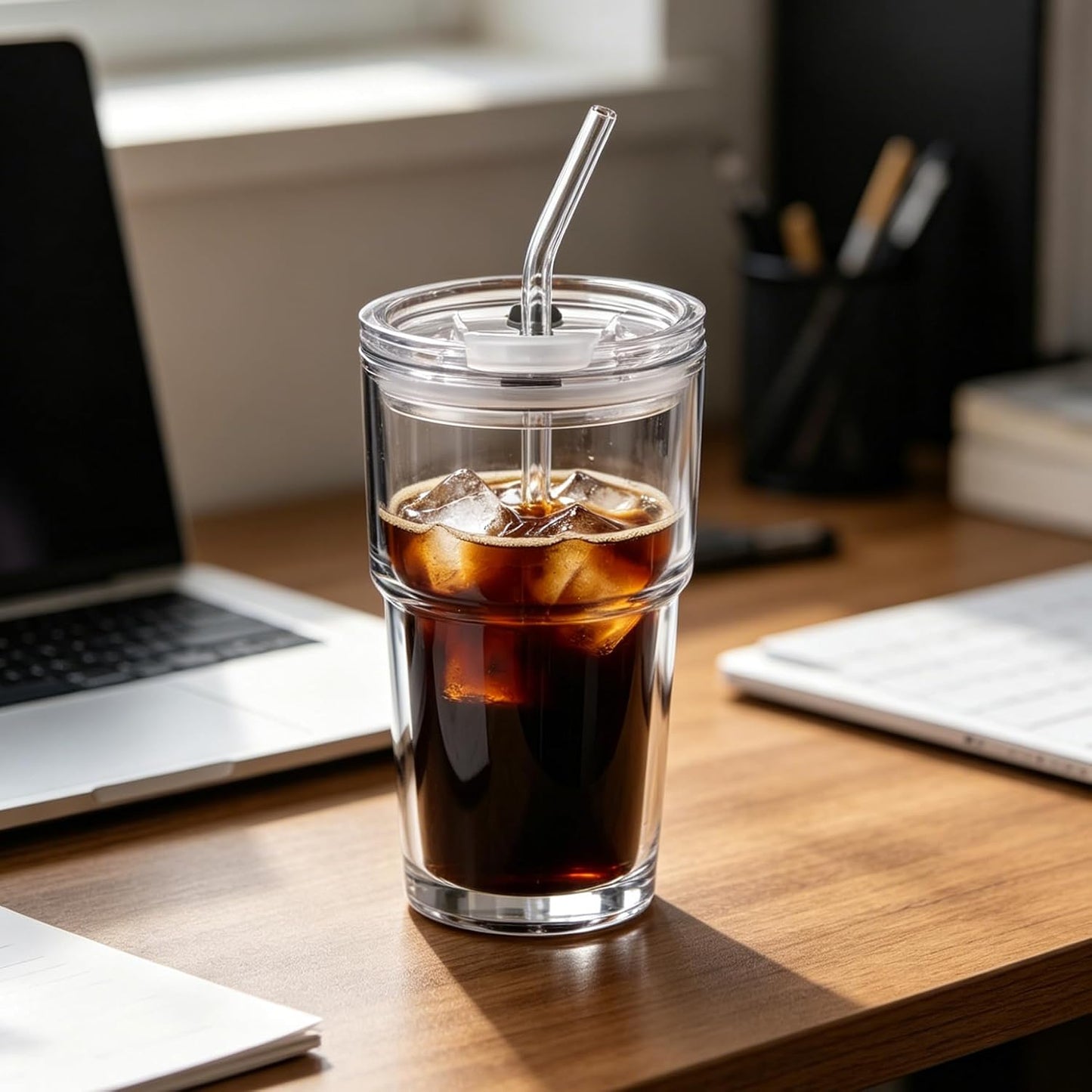 15oz Glass Iced Coffee Cup With Lid And Straw, Reusable Transparent Travel Water Cup, Suitable For Home, Office, And Outdoor Use