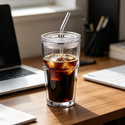 15oz Glass Iced Coffee Cup With Lid And Straw, Reusable Transparent Travel Water Cup, Suitable For Home, Office, And Outdoor Use