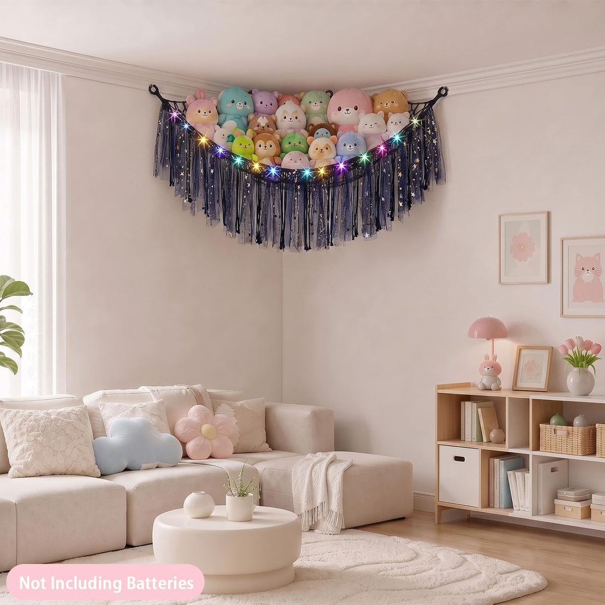 Stuffed Animals Net LED Light Toy Hammock for Kids Bedroom Storage