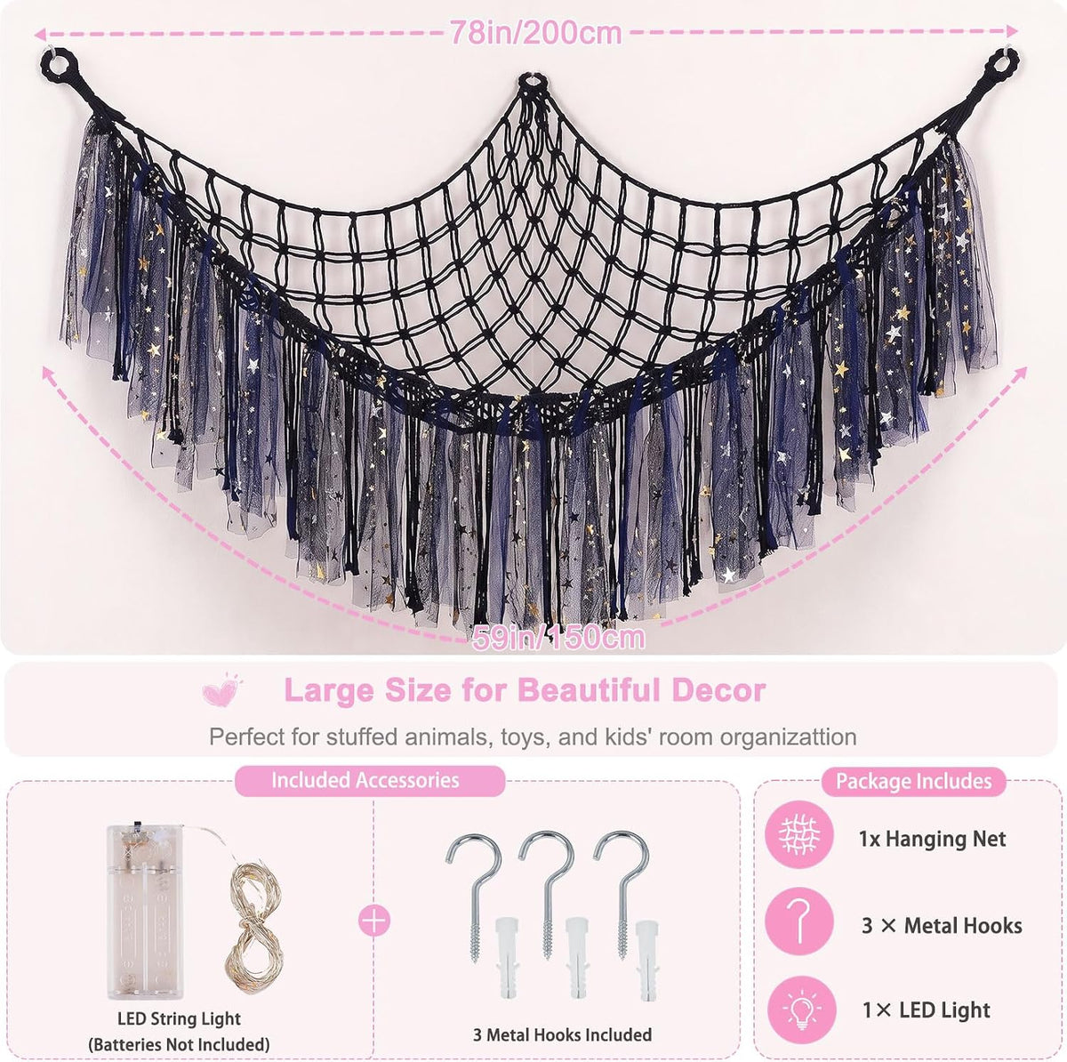Stuffed Animals Net LED Light Toy Hammock for Kids Bedroom Storage