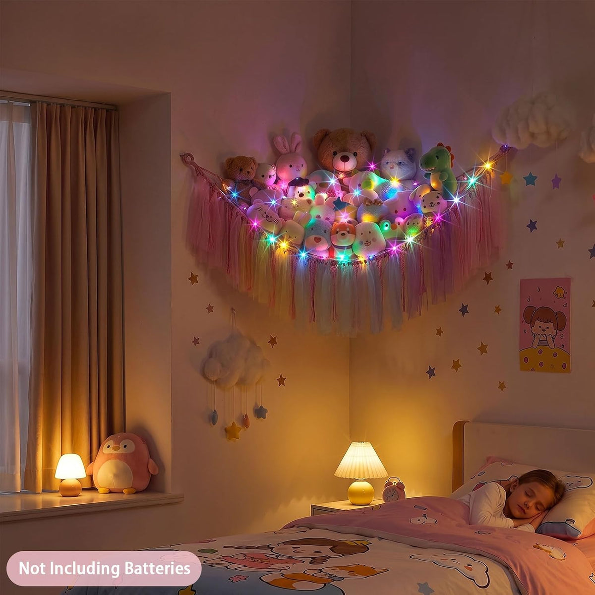 Stuffed Animals Net LED Light Toy Hammock for Kids Bedroom Storage