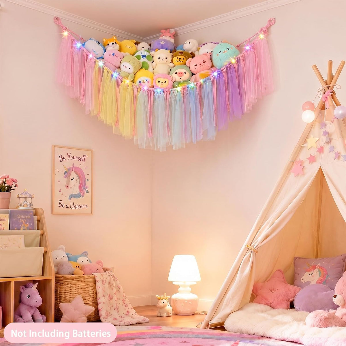 Stuffed Animals Net LED Light Toy Hammock for Kids Bedroom Storage