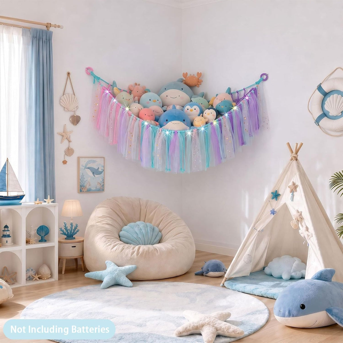 Stuffed Animals Net LED Light Toy Hammock for Kids Bedroom Storage