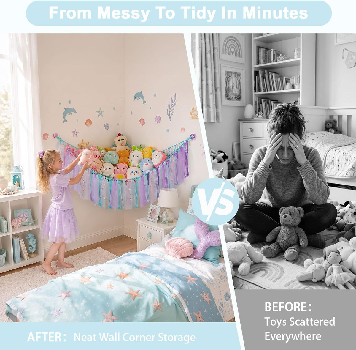 Stuffed Animals Net LED Light Toy Hammock for Kids Bedroom Storage