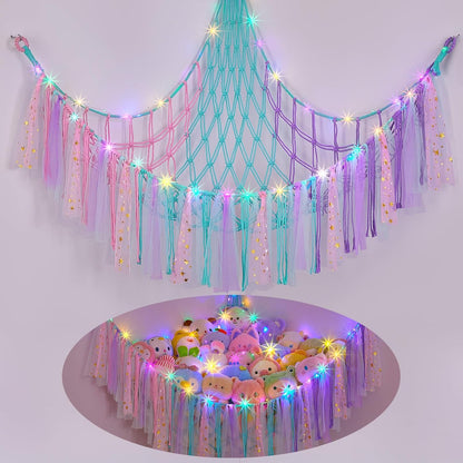 Stuffed Animals Net LED Light Toy Hammock for Kids Bedroom Storage